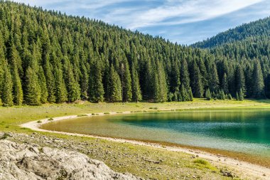 Milli park Durmitor ormanlık yamacın arka planında dağ gölü