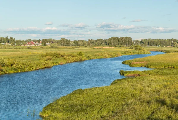 Floden med gröna banker på en solig sommardag — Stockfoto