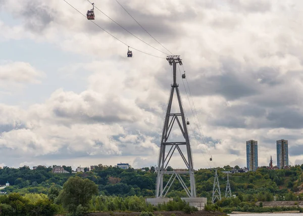 Cableway support over the river, cables and cabins — Stock Photo, Image