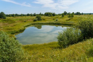 Sel ovalarının ve ormanların arasında yuvarlak göl