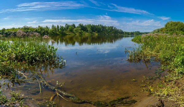 Pohled na řeku mezi břehy pokrytou lesy a keři — Stock fotografie