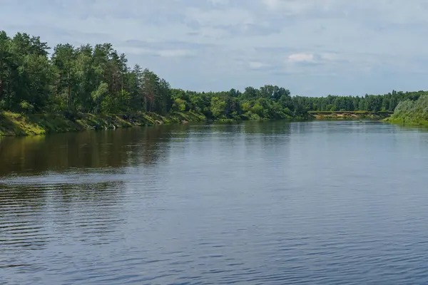 Спокійна рівнина серед берегів, покритих лісом — стокове фото