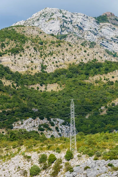 Berghang mit Vegetation und Strommasten bewachsen — Stockfoto