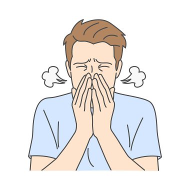 Elleri yüzünü kapatmış hapşıran bir adamın görüntüsü.