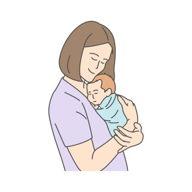 Yeni doğmuş bebeğini hafifçe kucaklayan bir annenin tasviri. Rahat bir gülümsemeyle.