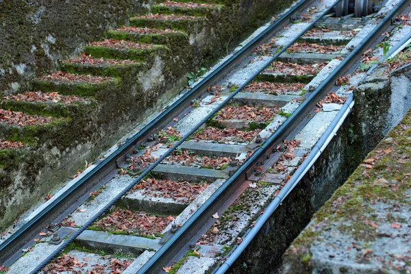 Rails Sleepers Cable Funicular Close — ストック写真
