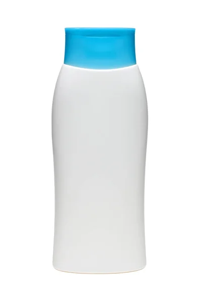 Біла Пляшка Синьою Шапочкою Білому Ізольованому Фоні Гель Душу Шампунь — стокове фото