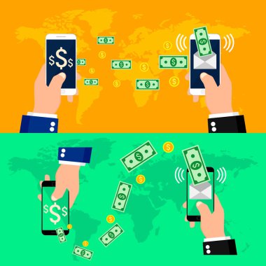 Kavram online bankacılık, mobil para transferi, finansal işlemleri kümesi. Vektör çizim.