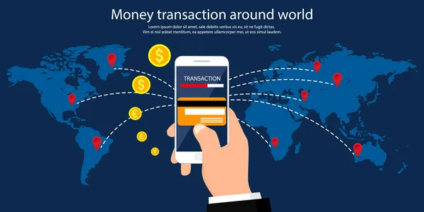 Dünya Çapında Para Transferi Mobil Bankacılık Cep Telefonu Ödemeleri Vektör — Stok Vektör