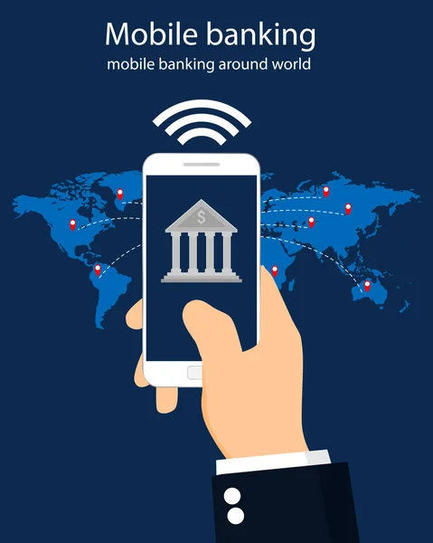 Mobile Banking Auf Der Ganzen Welt Flaches Design Vektorillustration — Stockvektor