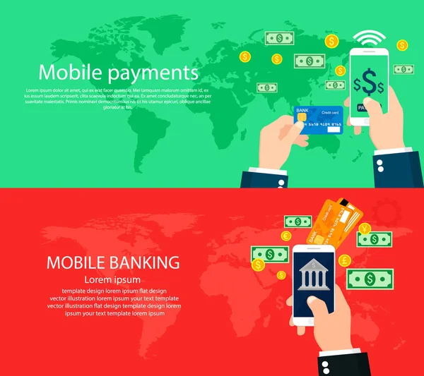 Płatności Mobilne Bankowość Mobilna Nowoczesna Płaska Konstrukcja Koncepcyjna Banery Internetowe — Wektor stockowy
