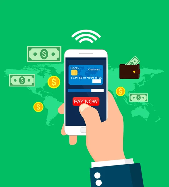 オンラインおよびモバイル決済の概念 ボタン支払いとクレジットカードでスマートフォンを保持する手 — ストックベクタ