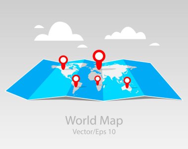 Katlanmış haritalar, bilgi içeren vektör dünyası haritası. Nokta işaretleyicilerle, düz dizayn.