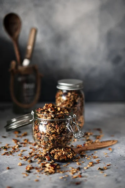 Home Granola Glass Jars Concrete Background Selective Focus Healthy Vegan — Stock Photo, Image