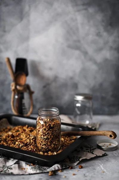 Preparation Homemade Granola Tray Jars Vegan Product Selective Focus — Stock Photo, Image
