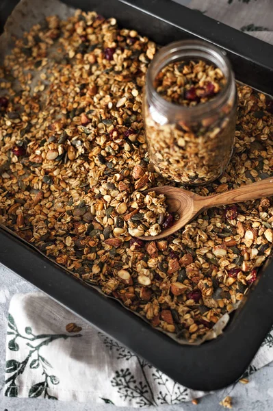 Preparation Homemade Granola Tray Jars Vegan Product Selective Focus — Stock Photo, Image