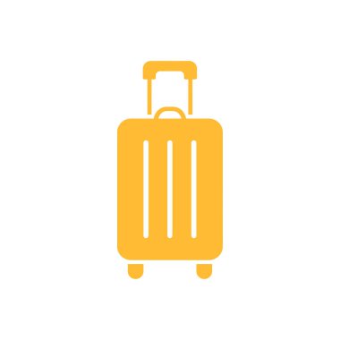 Beyaz arka planda sapı ve tekerlekleri olan izole edilmiş sarı bavul simgesi seyahat, turizm ve tatil planlamasını temsil eden minimalist bavul sembolü..