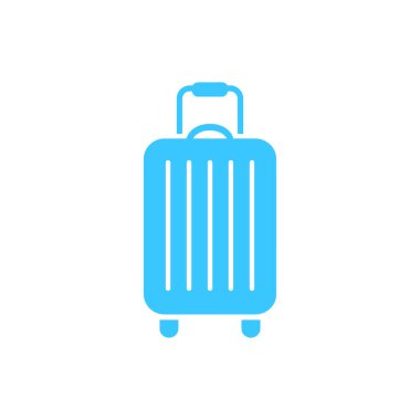 Beyaz arkaplanda, saplı açık mavi bavul simgesi, valiz, seyahat, tatil ve minimalist tasarım unsurları içeren vektör illüstrasyonu.