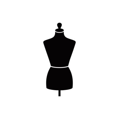 Terzi ve moda için beyaz arkaplanda siyah dikiş mankeni ikonu izole edildi. Giysi tasarımı, giysi endüstrisi ve terzilik ile ilgili grafikler.