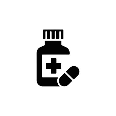 Beyaz haçlı siyah tıbbi şişe ikonu ve beyaz arka planda uzamış bir hap, sağlık sigortası, ilaç veya eczane konseptini öneriyor..