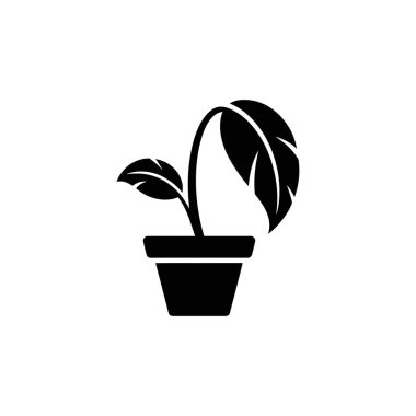 Beyaz arka planda iki yapraklı bir saksı bitkisinin siyah silueti. Çeşitli tasarım uygulamaları için uygun basit, zarif bir grafik.