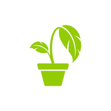 İki yapraklı yeşil saksı ikonu ve kabından çıkan bir gövde, basit bir grafik tasarım elementi için beyaz arkaplanda izole edilmiş..