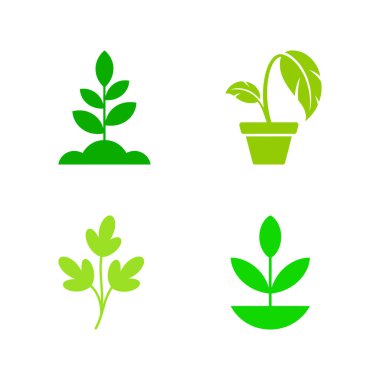 Doğa kavramları için yeşil bitki ve filizlenme ikonları beyaz arka plana dizilmiştir. Büyümeyi, saksıyı ve dal simgelerini içerir. Bahçe işleri ve bitki tasarımları için kullan.