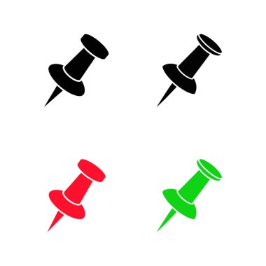 Siyah, kırmızı ve yeşil de dahil olmak üzere çeşitli renklerde iğne simgesine basın, temiz beyaz arkaplanda çeşitli tasarım seçenekleri sunar.