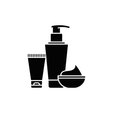 Kozmetik şişesinin siyah silueti, bir tüp ve krem beyaz arka planda, deri ve vücut bakım ürünlerini tasvir eden bir kasede..