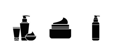 Siyah kozmetik kapları güzellik ve cilt bakım ürünleri için beyaz arka plana izole edilmiş. Krem kavanozu, losyon şişesi ve yüz kremi kasesi de dahil..