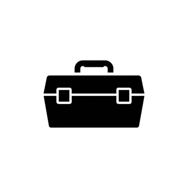Beyaz arkaplanda siyah araç kutusu simgesi. Çeşitli görevler için onarım, inşaat veya teçhizatı temsil eden bir alet kutusunun izole vektör illüstrasyonu.