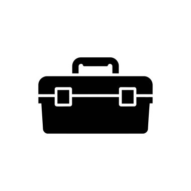 Beyaz arkaplanda sapı olan kapalı bir araç kutusunun siyah silueti, basit bir vektör formunda araç ve ekipman deposunu betimler.