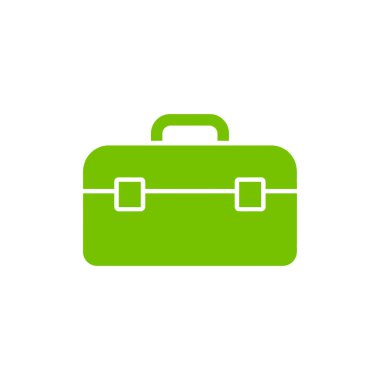 Farklı araçları taşımak ve düzenlemek için kullanılan bakım ve ekipman deposunu gösteren beyaz arkaplandaki yeşil araç kutusu simgesi. Vektör illüstrasyonu.