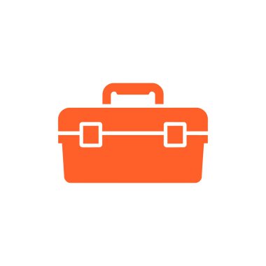Görüntü, inşaat, onarım ve bakım kavramları veya tasarımlar için ideal beyaz zemin üzerine kurulmuş turuncu bir araç kutusu simgesi sergiliyor. Basit ve temiz vektör çizimi.