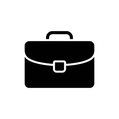 İş ve kariyer başarısını temsil eden siyah minimalist evrak çantası ikonu beyaz bir arkaplanda izole edildi. Sunumlar, web siteleri ve tasarım projeleri için ideal.
