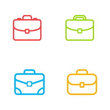 Beyaz arkaplanda kırmızı, yeşil, mavi ve turuncu renkli evrak çantası simgeleri var. Bu basit iş ve finans ikonları modern ve göz alıcı..