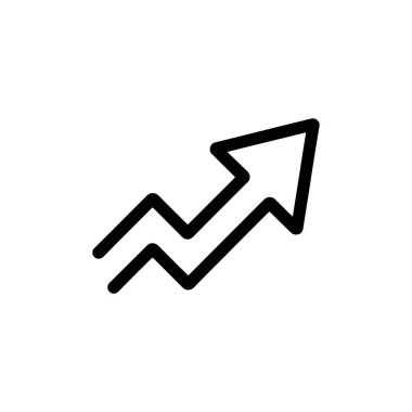 Beyaz arka planda zikzak çizgisi olan siyah ok simgesi, büyümeyi, ilerlemeyi veya olumlu eğilimleri simgeliyor. Sunumlar veya görsel araçlar için ideal.