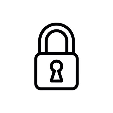 Beyaz arkaplandaki modern bir asma kilit simgesinin basit siyah çizgisi güvenlik, koruma ve erişim kontrolünü minimalist tarzda sembolize ediyor..