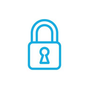 Mavi taslak asma kilit simgesi beyaz arkaplanda izole edildi. Güvenlik, koruma, erişim, mahremiyet ve veri şifrelemesini temsil ediyor. Web tasarımı için modern ve minimalist sembol.