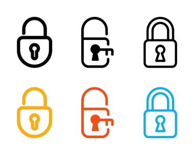 Beyaz arkaplanda anahtar deliği ve anahtar vektör çizimi olan renkli asma kilit simgeleri. Siyah, turuncu, sarı ve mavi özet güvenlik simgeleri içerir.