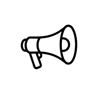 İletişim ve duyuru amaçlı beyaz arkaplan üzerine megafon özet simgesi. Ses, yayın, topluluk önünde konuşma, tanıtım ve fikir beyan etmeyi sembolize eder..