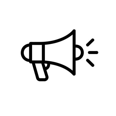 Beyaz arkaplanda ses dalgaları ile birlikte basit bir illüstrasyon vektör iletişim sembolü tasarım elementi içeren siyah ana hatlı megafon simgesi.