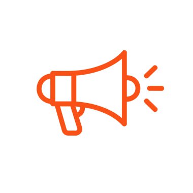 Beyaz arkaplan üzerinde ses dalgaları çizimi olan turuncu megafon simgesi, minimalist ve özet biçimli. Duyuru, iletişim ve reklam kavramını temsil eder.