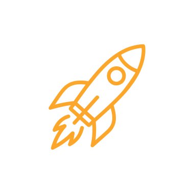 Turuncu ana hatlı roket simgesi beyaz arka planda alevlerle yukarı doğru yükseliyor, başlangıç, fırlatma ve teknolojik gelişim gibi kavramları temsil ediyor. 145 karakter.