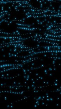 Soyut mavi parçacıklar koyu bir arkaplanda dalgalı bir desen ile hareket ederler. Grafik örtüleri için harika.