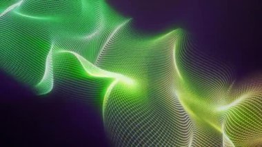 Yeşil ve sarı ışık dalgaları, karanlık bir zemin üzerinde dalgalanarak soyut ve modern bir etki yaratıyor..