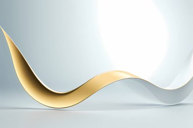 Soyut beyaz eğri şekilli ve altın arkaplanlı 3D görüntüleme. Reklam ve dijital teknoloji konsepti için tasarım ögesi.