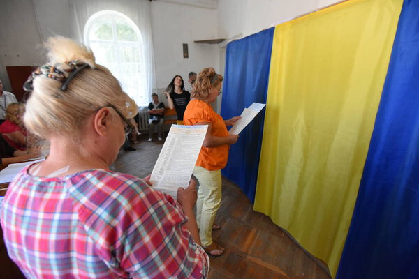 Sokal, Ukraine 21 July 2019. Ukraine elections in Sokal, wester region of Ukraine. People vote at polling station.