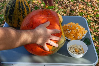 A person is using a hand to hold a large pumpkin while another bowl contains freshly scooped pumpkin guts and seeds. Colorful autumn leaves surround the scene.