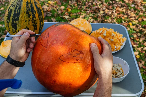A person carves a large pumpkin in a fall setting, surrounded by pumpkin guts and seeds, enjoying the creative activity in a vibrant outdoor environment.